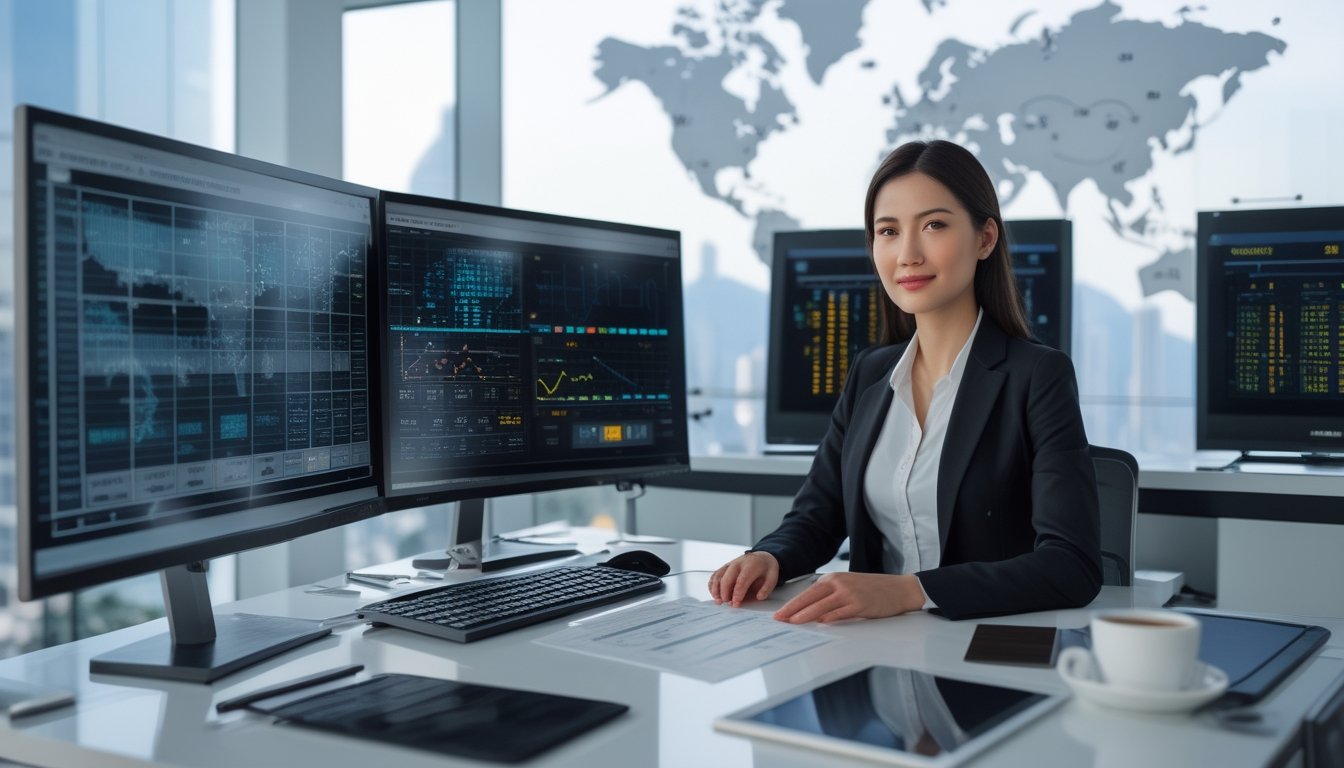 Seorang wanita profesional sedang duduk di meja kerja dengan beberapa monitor komputer yang menampilkan grafik dan data, di latar belakang terlihat pemandangan kota dan elemen kantor modern.