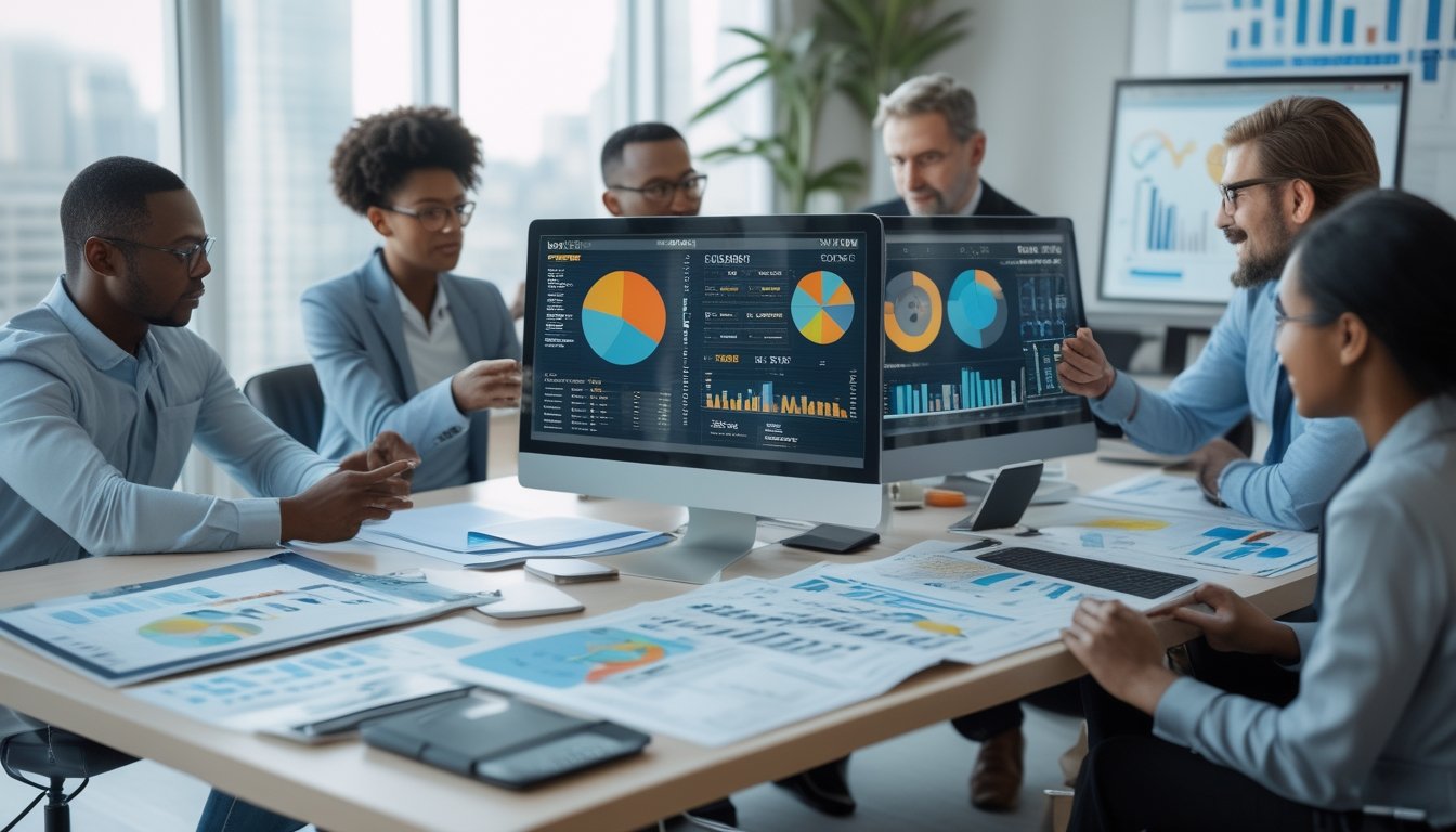 Sekelompok profesional sedang bekerja bersama di kantor modern dengan layar komputer menampilkan grafik dan data statistik.
