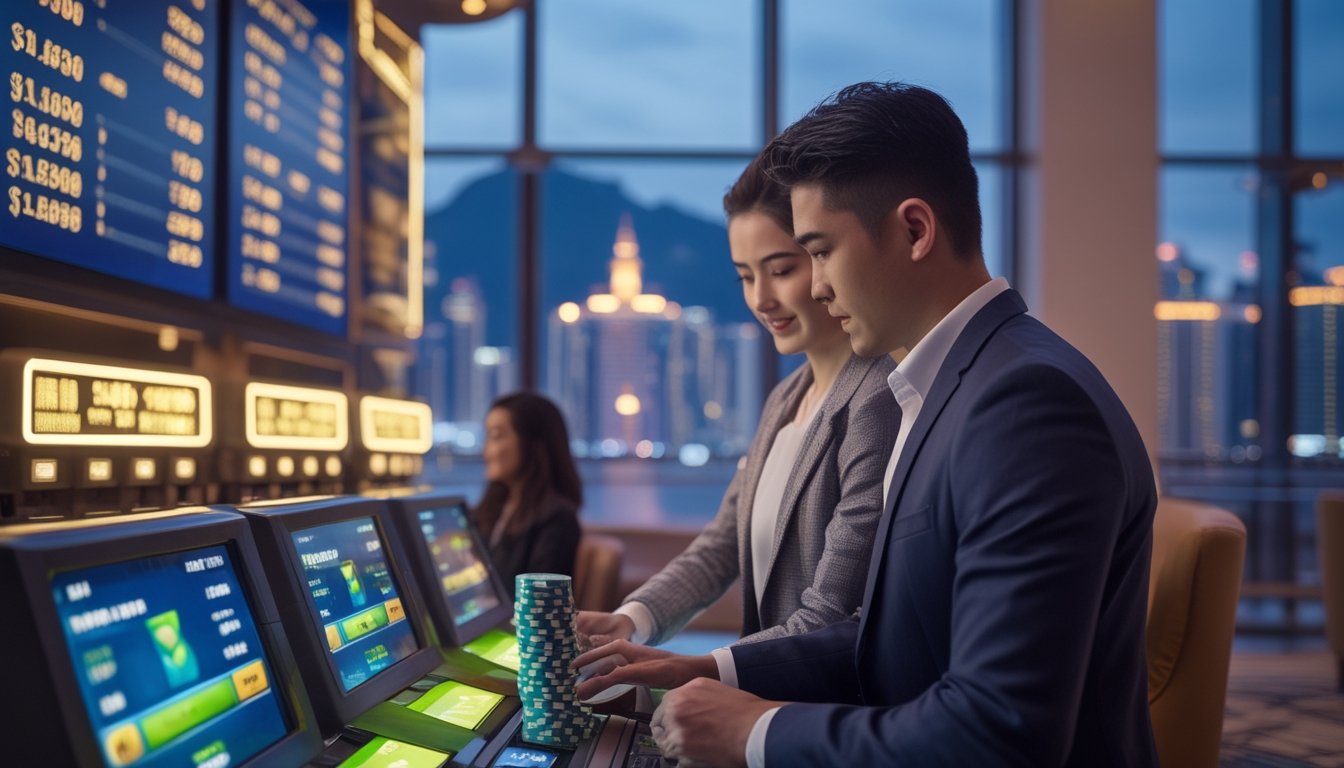 Orang-orang menggunakan terminal taruhan digital di dalam kasino modern dengan pemandangan kota Macau di latar belakang saat senja.