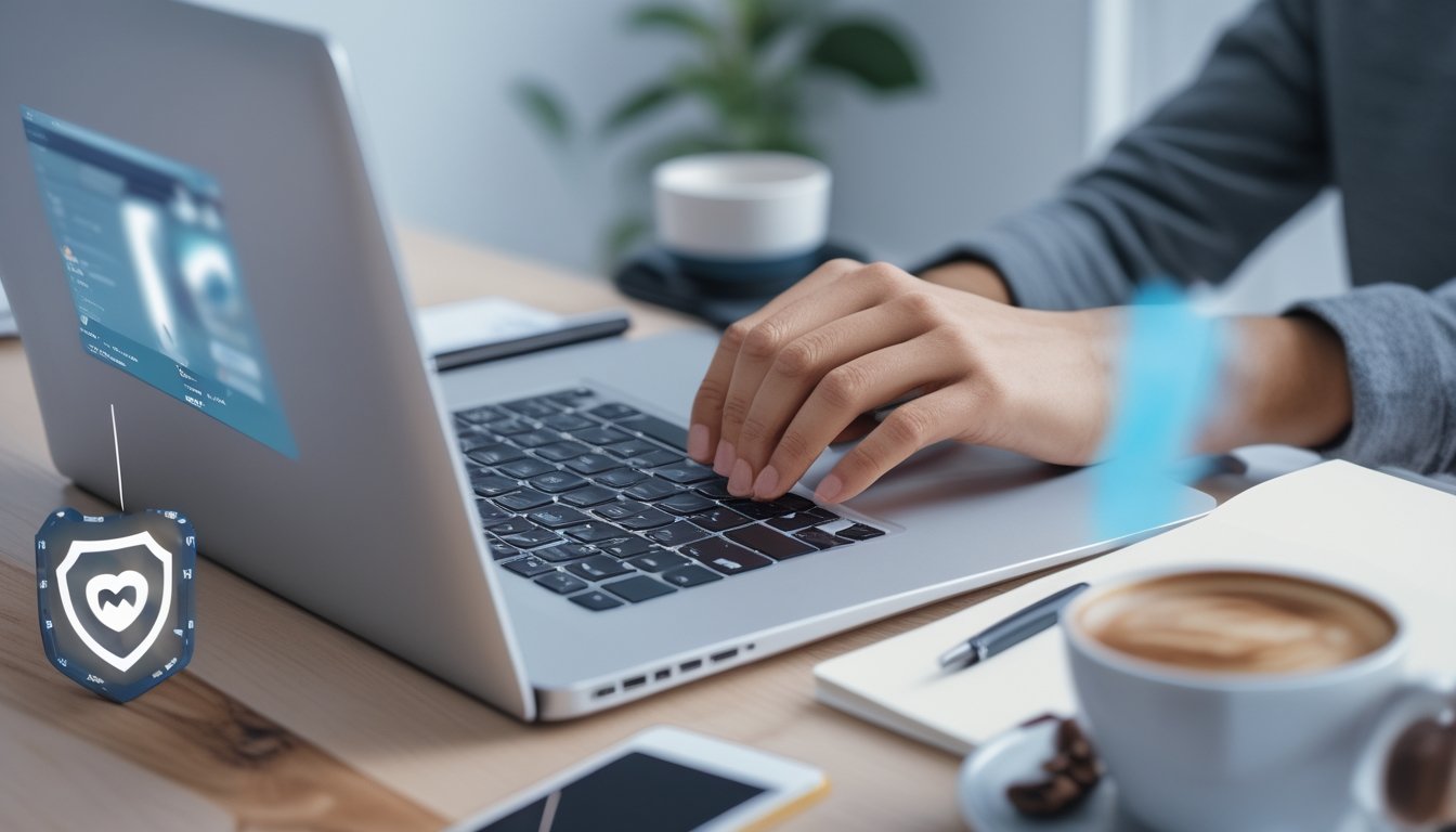 Seseorang menggunakan laptop di meja kerja dengan tampilan media sosial di layar, menunjukkan kehati-hatian saat beraktivitas online.
