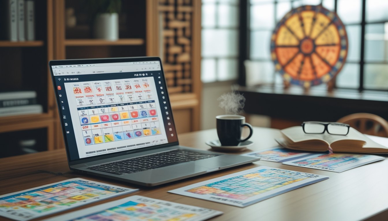 Meja kerja dengan laptop dan kertas berisi simbol shio dan angka, suasana belajar tentang tabel shio togel tahun 2026.