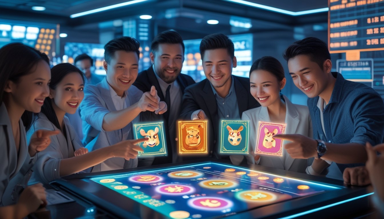 Sekelompok orang berkumpul di sekitar meja digital yang menampilkan simbol hewan zodiak, tampak antusias dan berinteraksi dalam suasana modern dan terang.