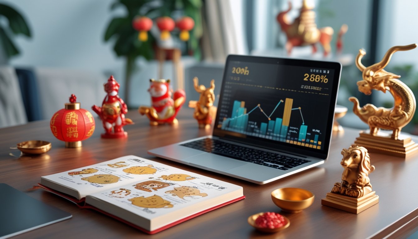 Meja kerja modern dengan notebook berisi ilustrasi shio, laptop dengan grafik togel, dan hiasan tradisional Tionghoa di sekitarnya.
