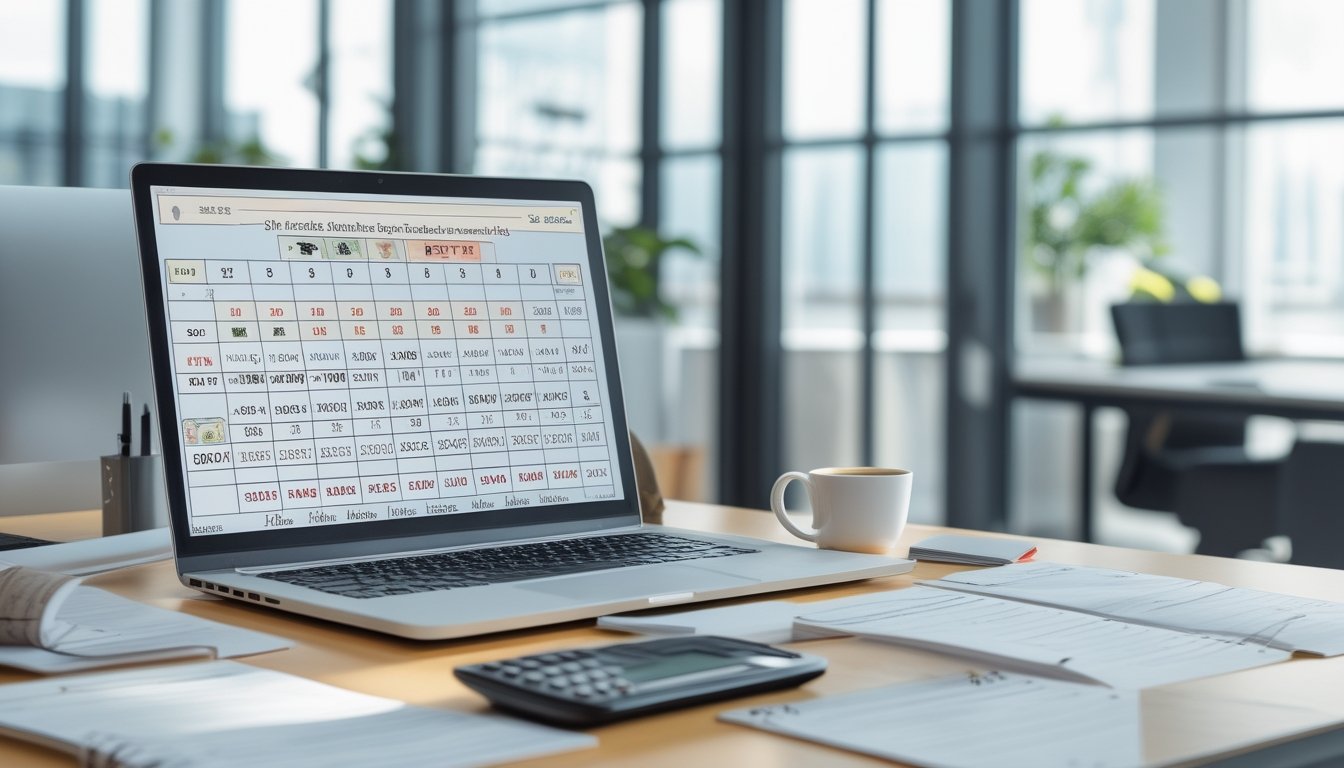 Meja kerja dengan laptop yang menampilkan grafik dan simbol shio, kalkulator, catatan, dan secangkir kopi di ruang kantor terang.