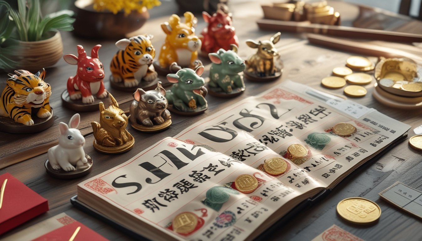 Beberapa patung kecil hewan shio dan tiket togel diletakkan di atas meja kayu dengan koin emas dan amplop merah di sekitarnya.