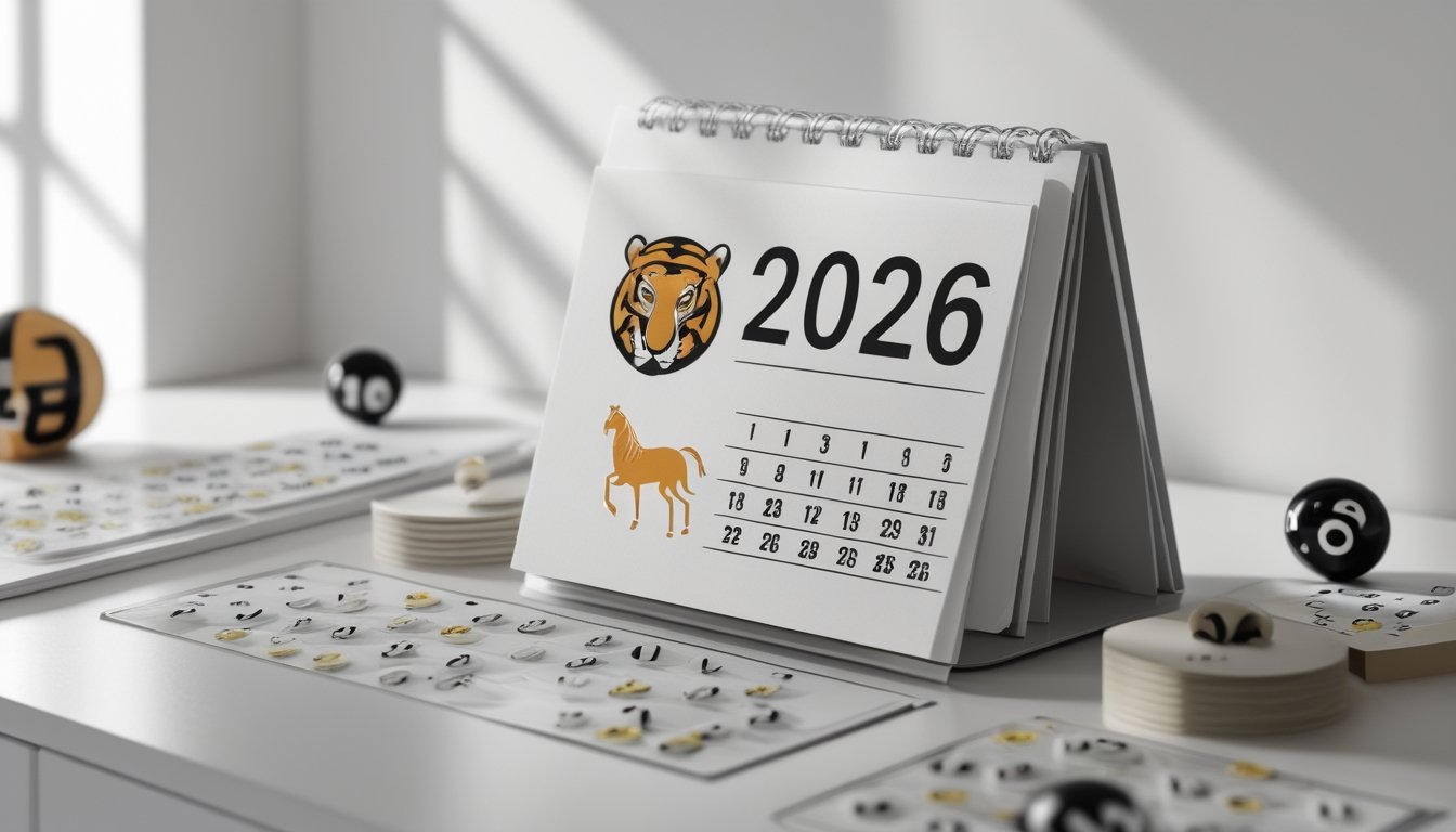 Sebuah kalender tahun 2026 dengan gambar simbol harimau dan kuda, di atas meja yang rapi dengan elemen-elemen terkait permainan angka.