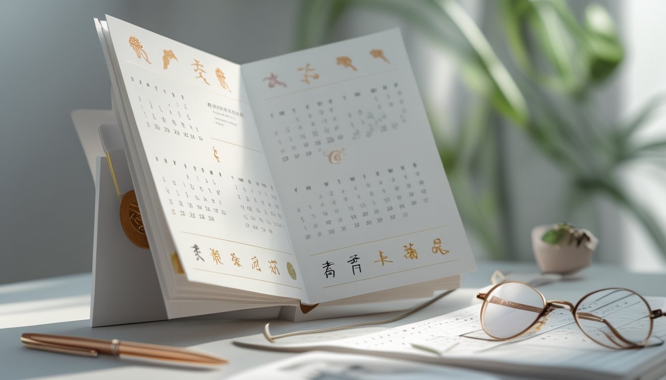 Sebuah kalender tahun 2026 terbuka di atas meja dengan simbol hewan shio seperti macan dan kuda, dikelilingi alat tulis dan kacamata.