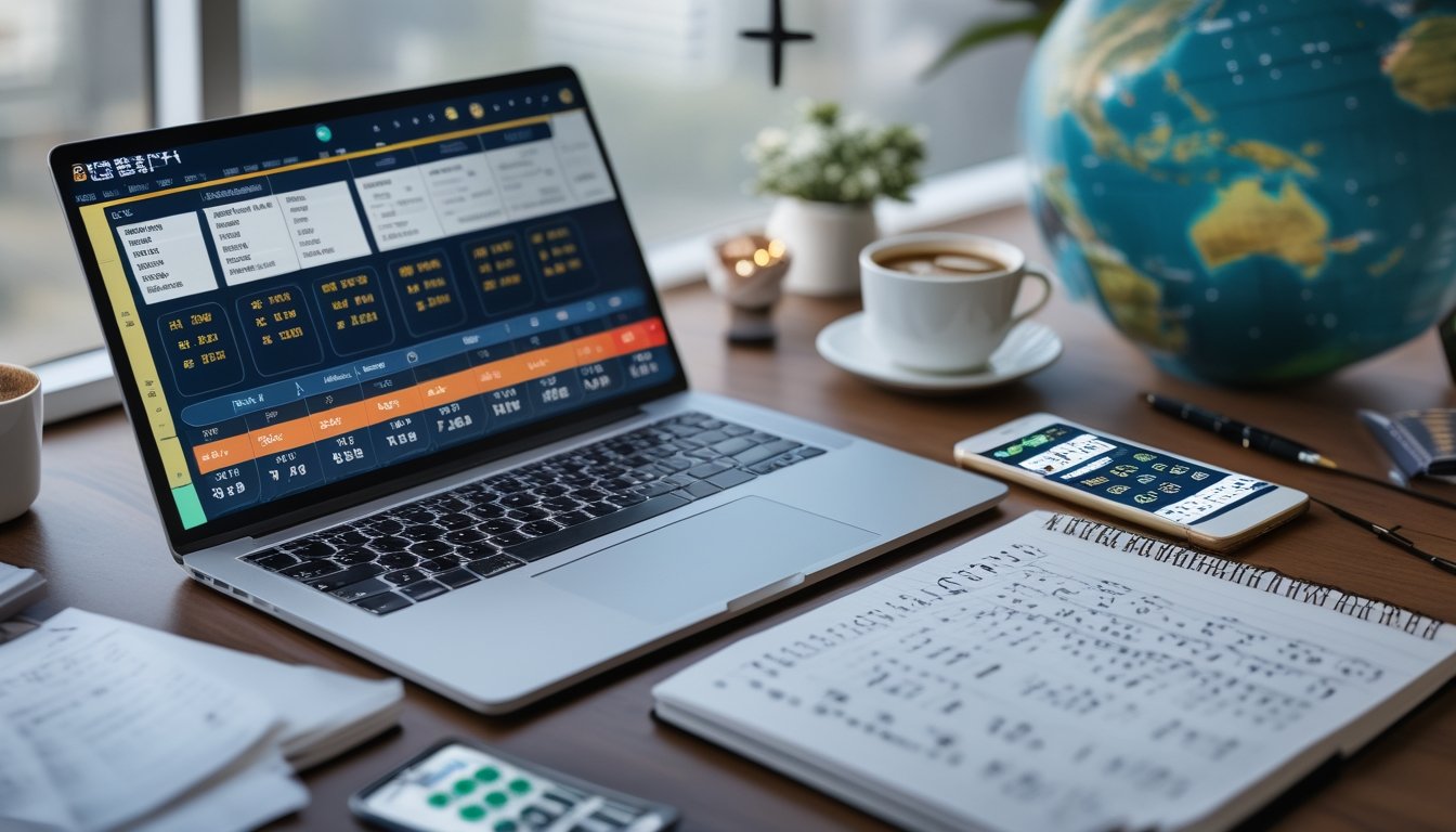 Meja kerja dengan laptop, kalender shio, catatan angka, dan ponsel yang menunjukkan hasil togel.