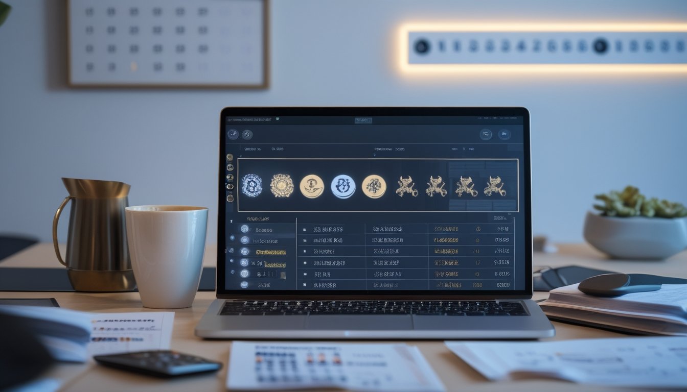 Meja kerja modern dengan laptop, kalkulator, dan dokumen yang menunjukkan analisis kombinasi shio dan angka togel untuk tahun 2026.