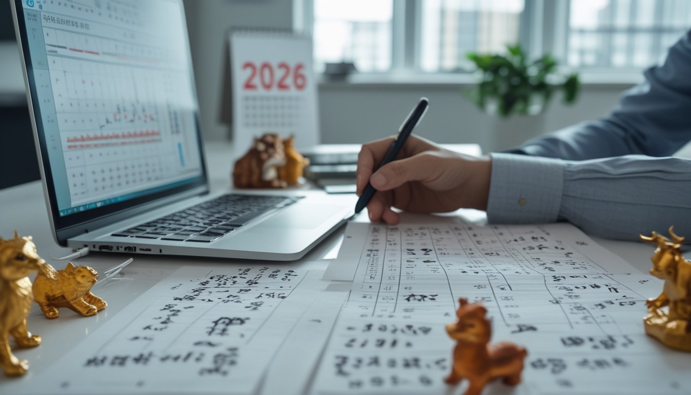 Meja kerja dengan laptop, catatan, dan simbol shio, seseorang sedang menghitung prediksi togel untuk tahun 2026.