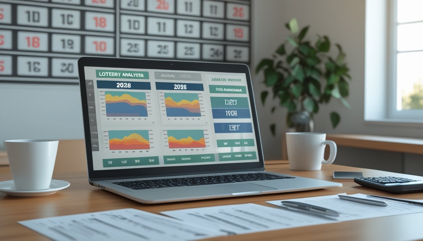 Meja kerja modern dengan laptop yang menampilkan grafik dan kalender tahun 2026, dikelilingi oleh alat tulis dan kopi.