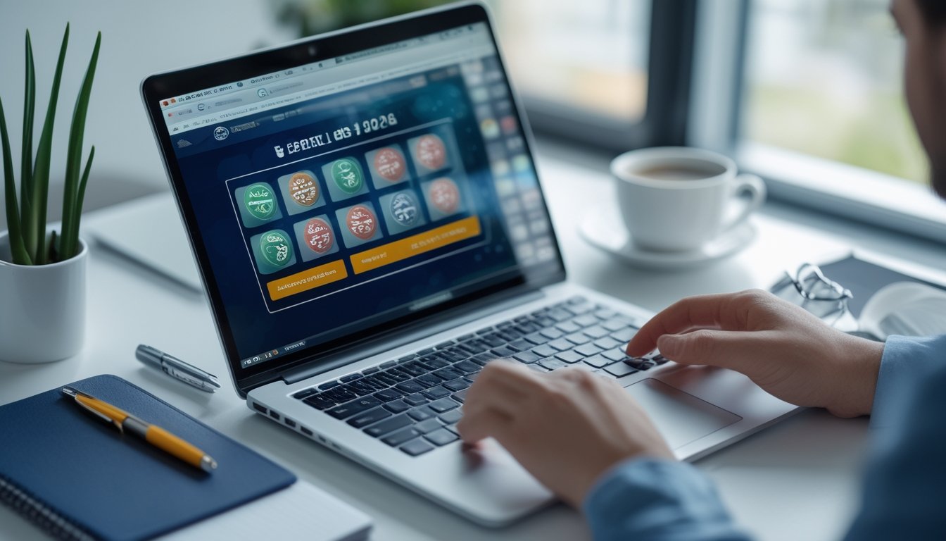 Meja kerja dengan laptop yang menampilkan situs lotere online, tangan seseorang sedang menggunakan laptop, di ruangan yang terang dengan cahaya alami.