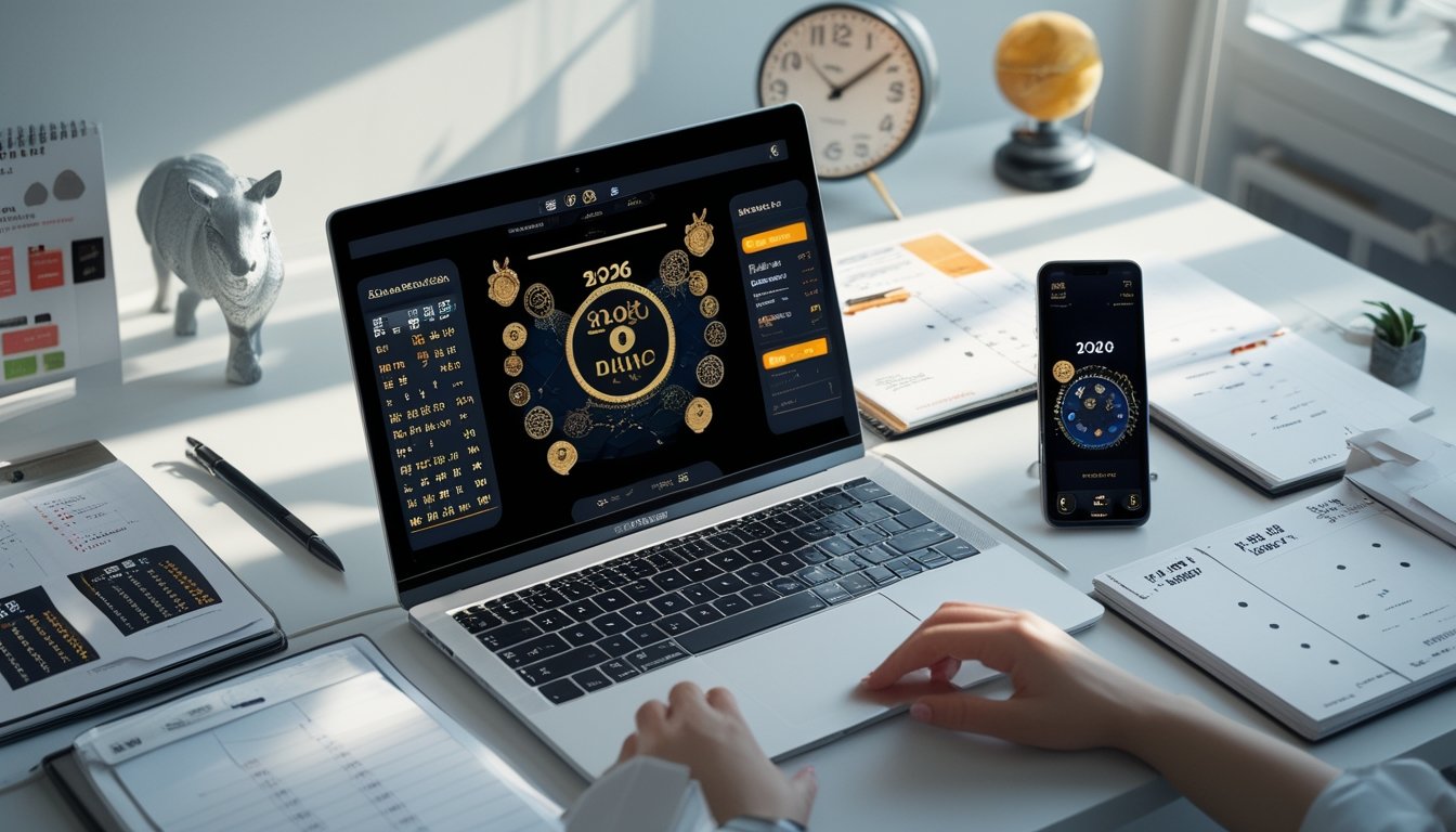 Meja kerja modern dengan laptop dan kalender tahun 2026, menampilkan tema togel dan simbol shio.
