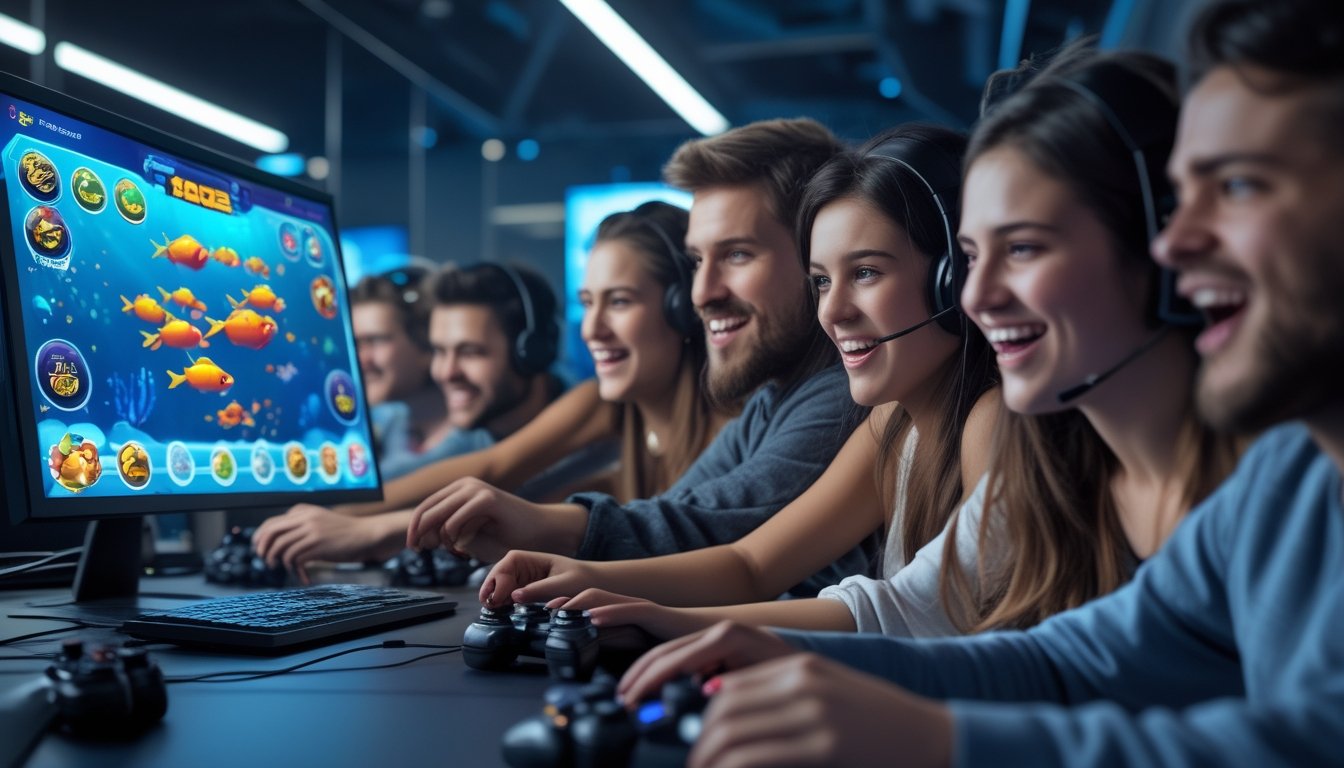 Beberapa orang muda bermain game tembak ikan di depan layar komputer dalam ruangan bermain dengan pencahayaan modern.