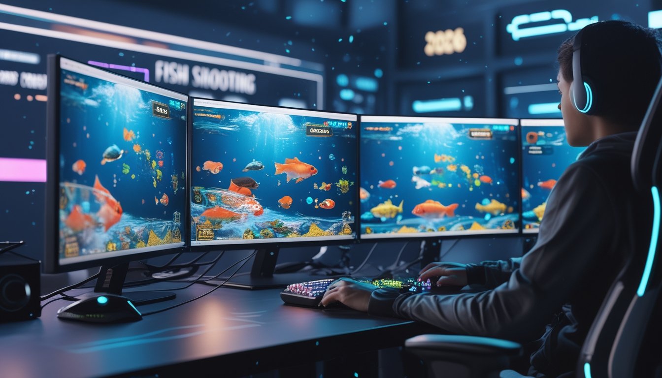 Seseorang sedang bermain game tembak ikan di depan beberapa layar komputer dengan suasana futuristik dan warna-warna cerah.