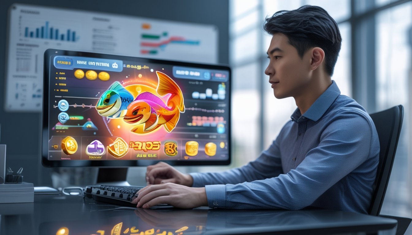 Seorang pria muda sedang bekerja di kantor dengan komputer yang menampilkan grafik permainan dan ikon bonus, dikelilingi oleh catatan strategi dan grafik keuangan.