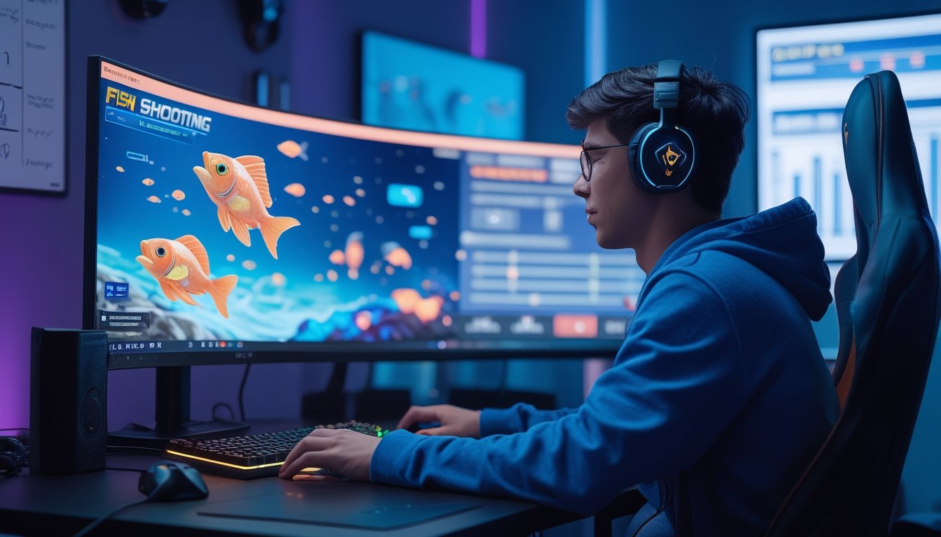 Seorang pemain muda fokus bermain game tembak ikan di depan layar komputer dengan suasana gaming yang modern dan pencahayaan ambient biru ungu.
