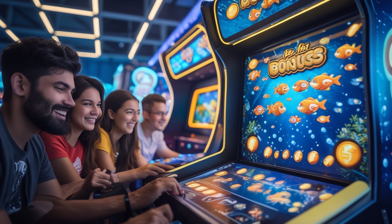 Seorang pemain muda sedang fokus bermain permainan tembak ikan di mesin arcade dengan layar penuh warna dan ikon bonus yang menyala.