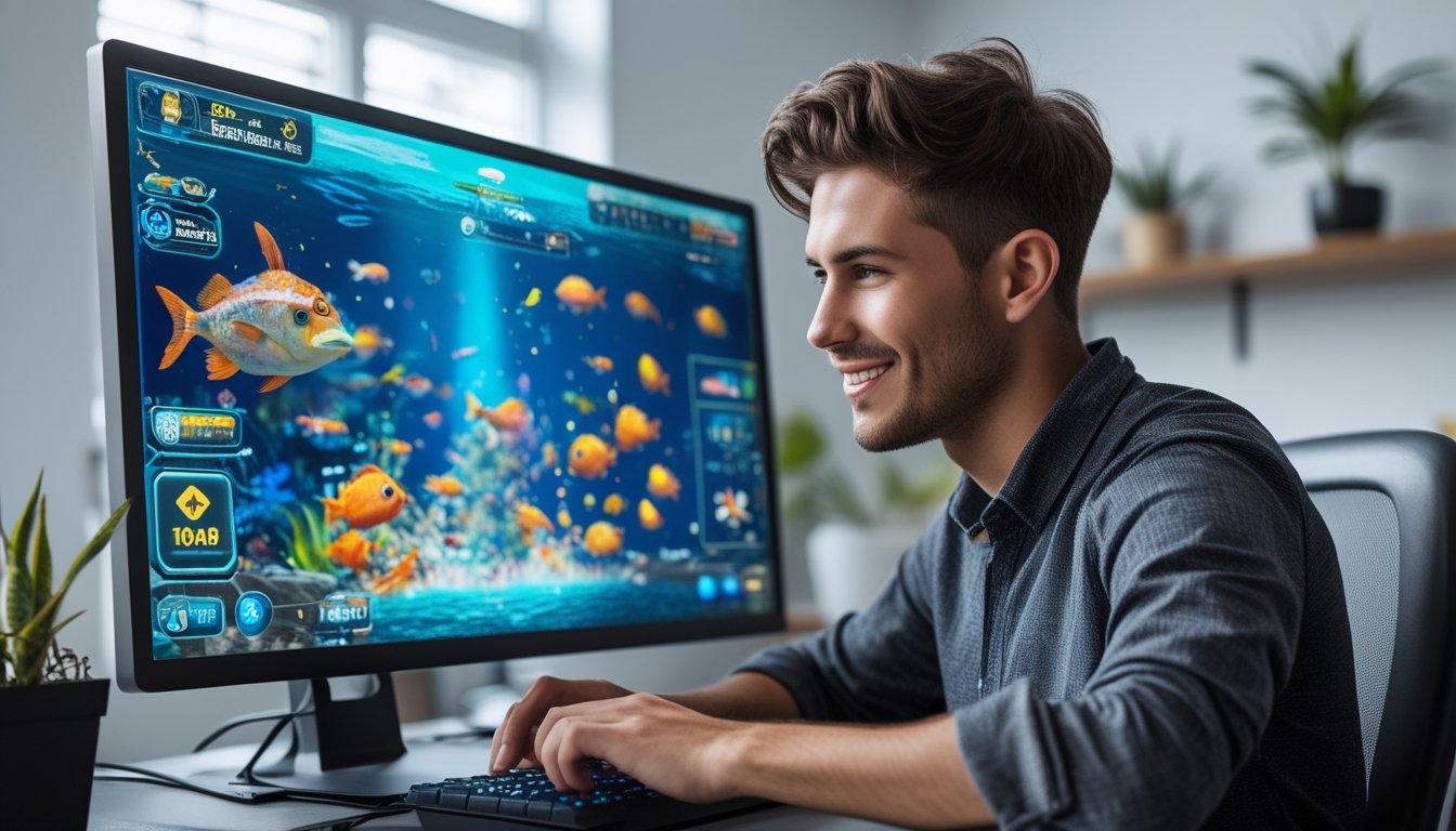 Seorang pria muda sedang bermain game tembak ikan di komputer di sebuah ruang kerja rumah yang rapi.