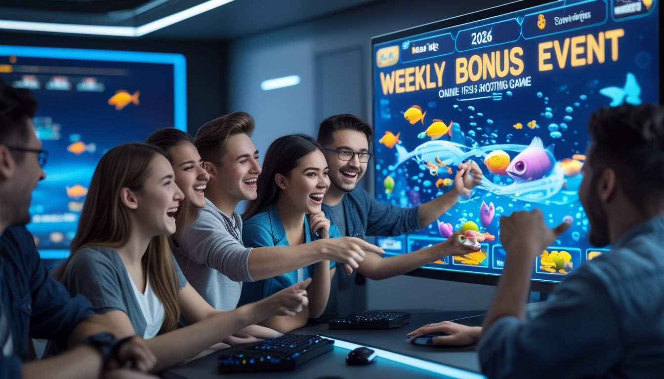 Sekelompok orang muda sedang bermain permainan tembak ikan online bersama di depan layar komputer besar dengan grafik ikan warna-warni di ruangan gaming modern.