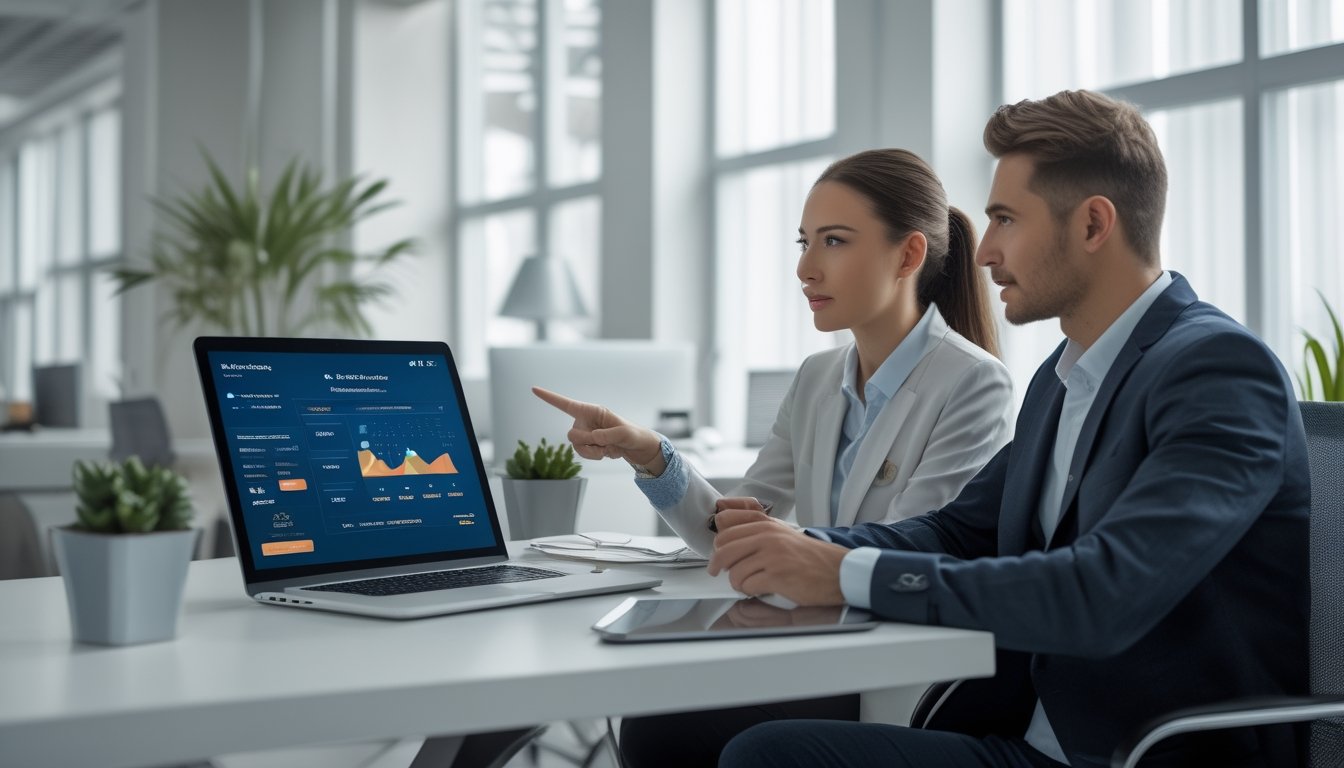 Dua orang dewasa duduk di meja kantor modern, berdiskusi sambil melihat layar laptop dengan antarmuka permainan online di latar belakang kantor yang terang dan rapi.