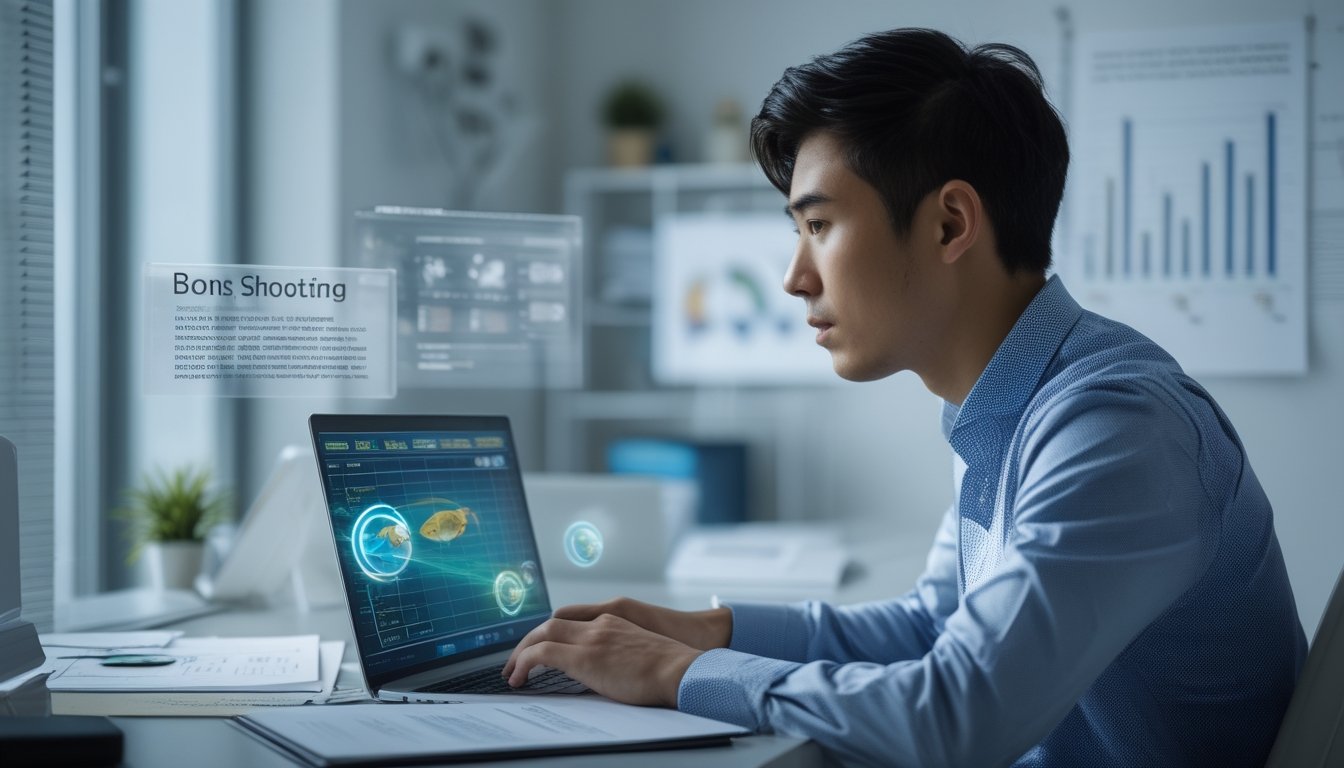 Seorang pria muda sedang bekerja dengan laptop di kantor modern yang rapi, fokus menganalisis data di layar.