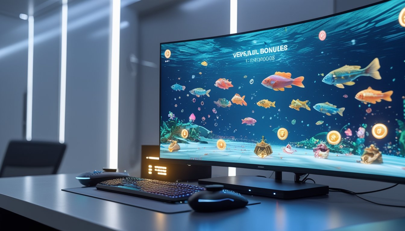 Sebuah setup permainan digital dengan layar menampilkan ikan berwarna-warni dan ikon bonus di latar bawah laut, di ruang kerja modern dengan pencahayaan lembut.