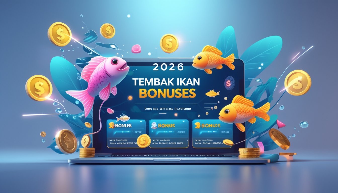 Layar perangkat digital menampilkan permainan tembak ikan dengan berbagai ikan berwarna-warni dan ikon bonus, dikelilingi koin dan token digital dalam suasana bawah laut.