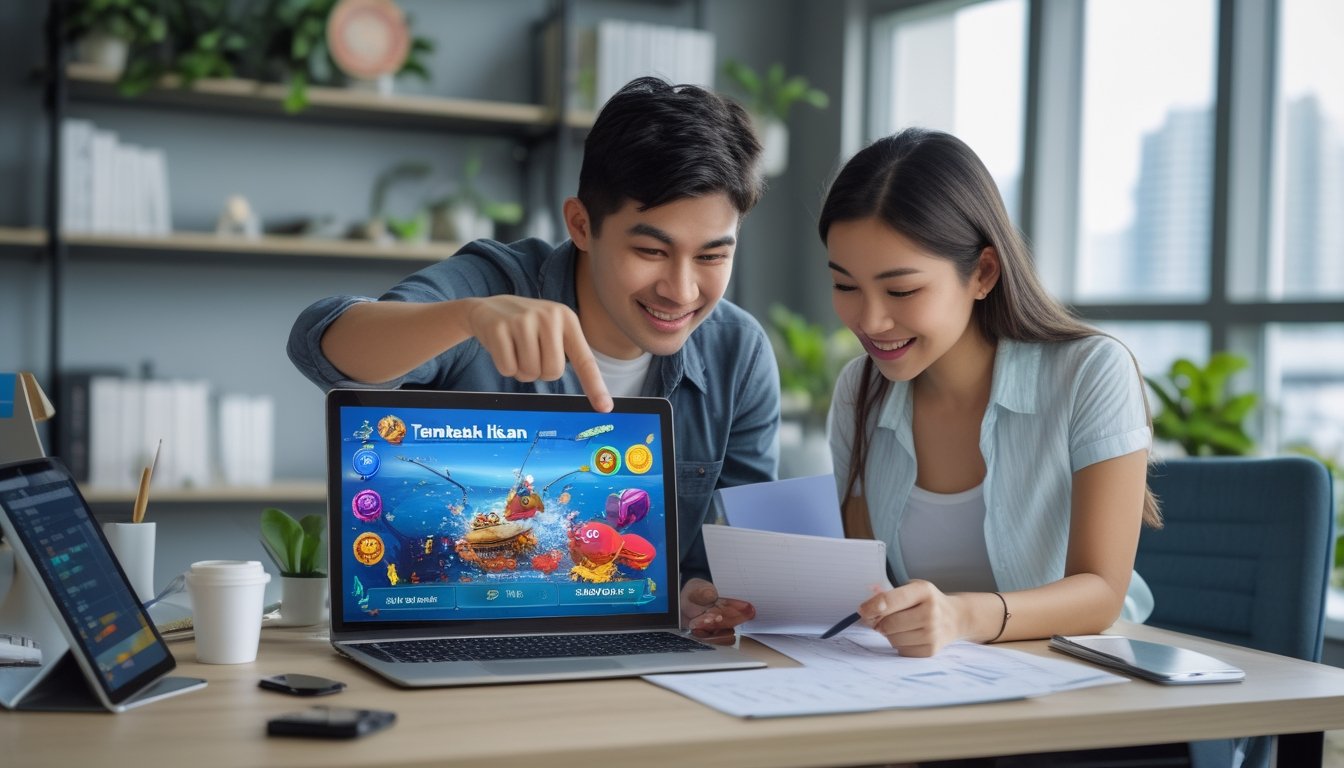 Dua orang muda bekerja sama di kantor dengan laptop dan tablet, membahas strategi untuk memaksimalkan bonus referral dalam permainan online.