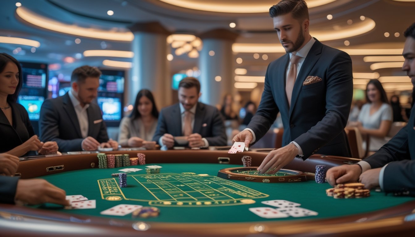 Meja kasino dengan kartu dan chip baccarat, dealer membagikan kartu kepada pemain di lingkungan kasino yang elegan.