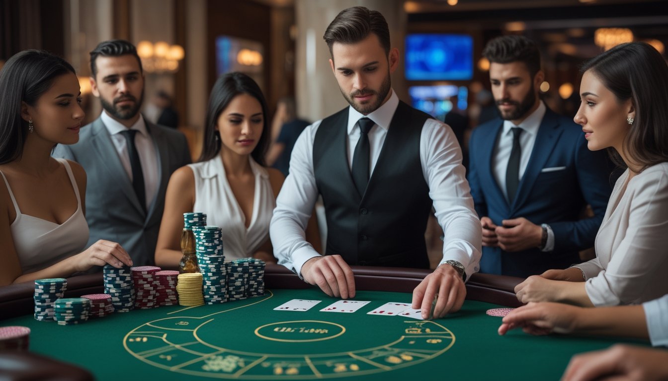 Seorang dealer dan beberapa pemain duduk mengelilingi meja Baccarat di dalam kasino yang mewah.