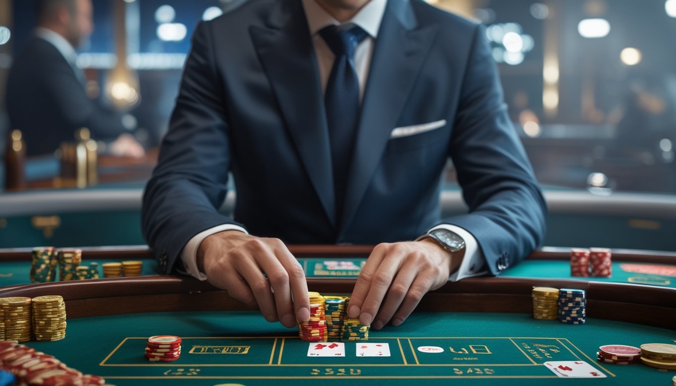 Seorang pemain berpakaian rapi sedang memasang taruhan di meja baccarat klasik di sebuah kasino mewah.