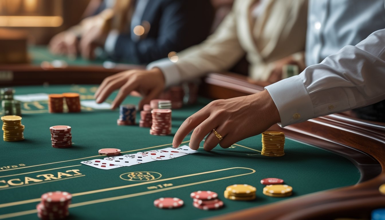 Meja permainan baccarat klasik dengan kartu dan tumpukan chip poker, seorang pemain sedang memasang taruhan kecil di kasino.