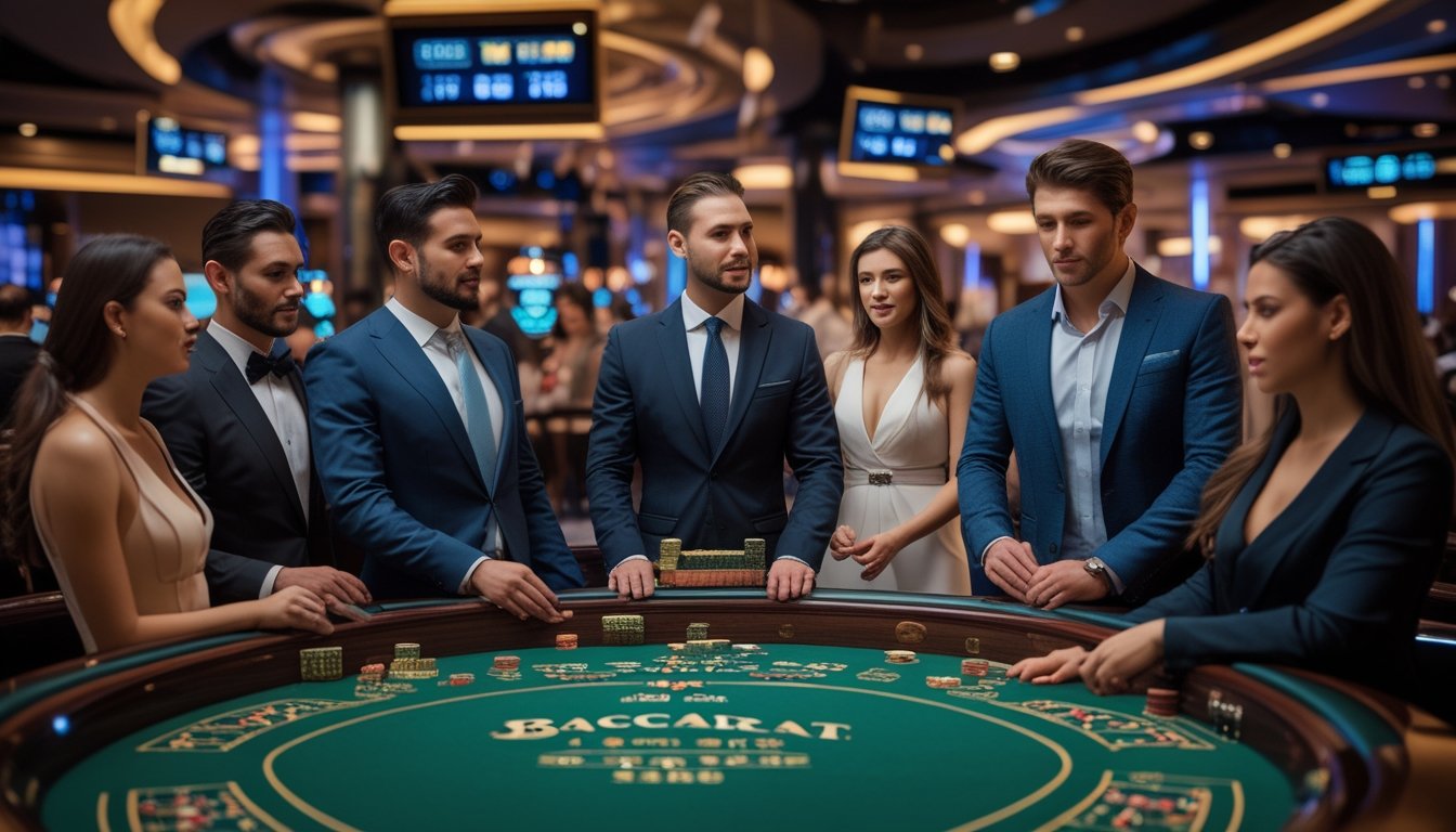 Meja baccarat klasik dengan pemain yang fokus bermain di kasino online modern tahun 2026.