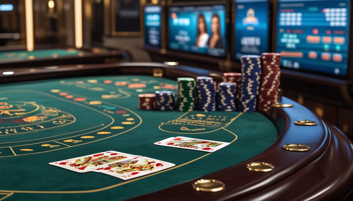 Meja baccarat klasik dengan kartu dan chip poker di kasino online yang modern dan mewah.