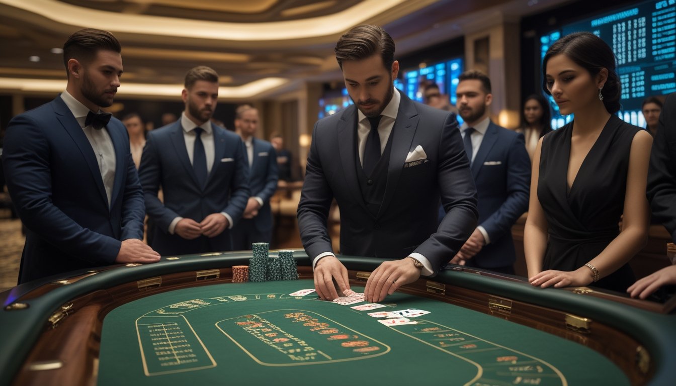 Seorang dealer dan beberapa pemain sedang bermain baccarat di meja hijau dalam ruangan kasino yang mewah.