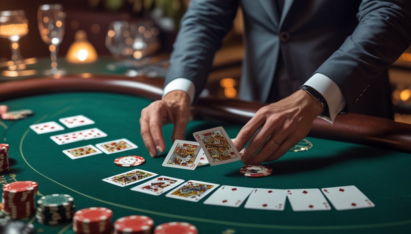 Meja kasino dengan kartu Baccarat klasik yang tersusun rapi dan tangan dealer yang sedang mengatur kartu.