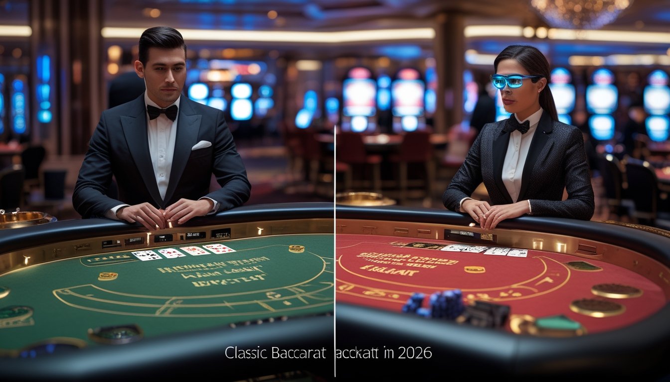 Dua meja baccarat berdampingan di kasino, satu dengan desain klasik dan satu dengan desain modern, masing-masing dengan dealer yang berbeda pakaian.