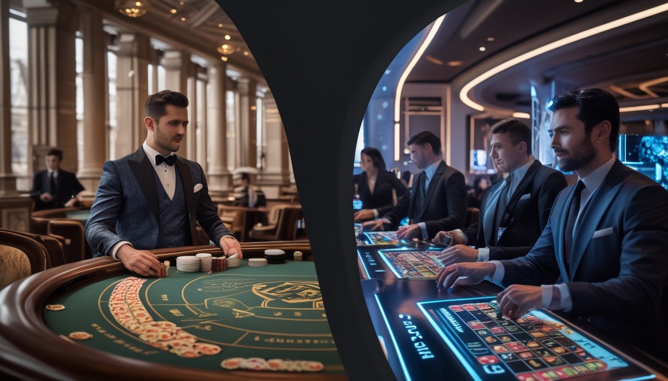 Dua sisi meja permainan Baccarat yang menunjukkan perbedaan antara permainan klasik dengan suasana vintage dan varian modern dengan teknologi futuristik di kasino.