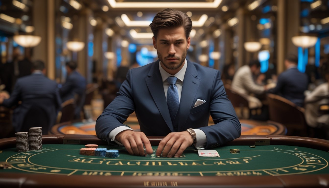 Seorang pria fokus bermain baccarat klasik di meja kasino dengan suasana mewah dan pencahayaan lembut.