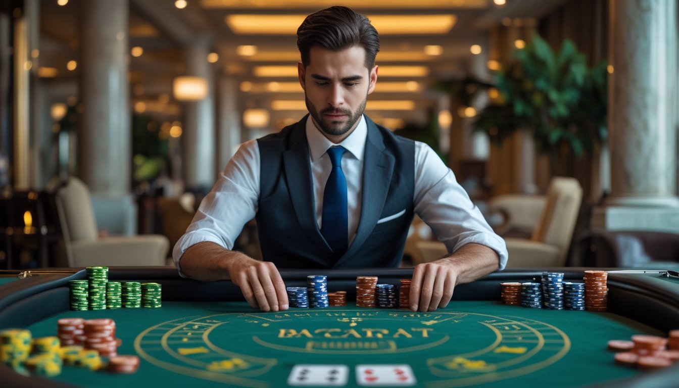 Seorang pemain profesional yang tenang dan fokus sedang duduk di meja baccarat klasik di dalam kasino mewah.