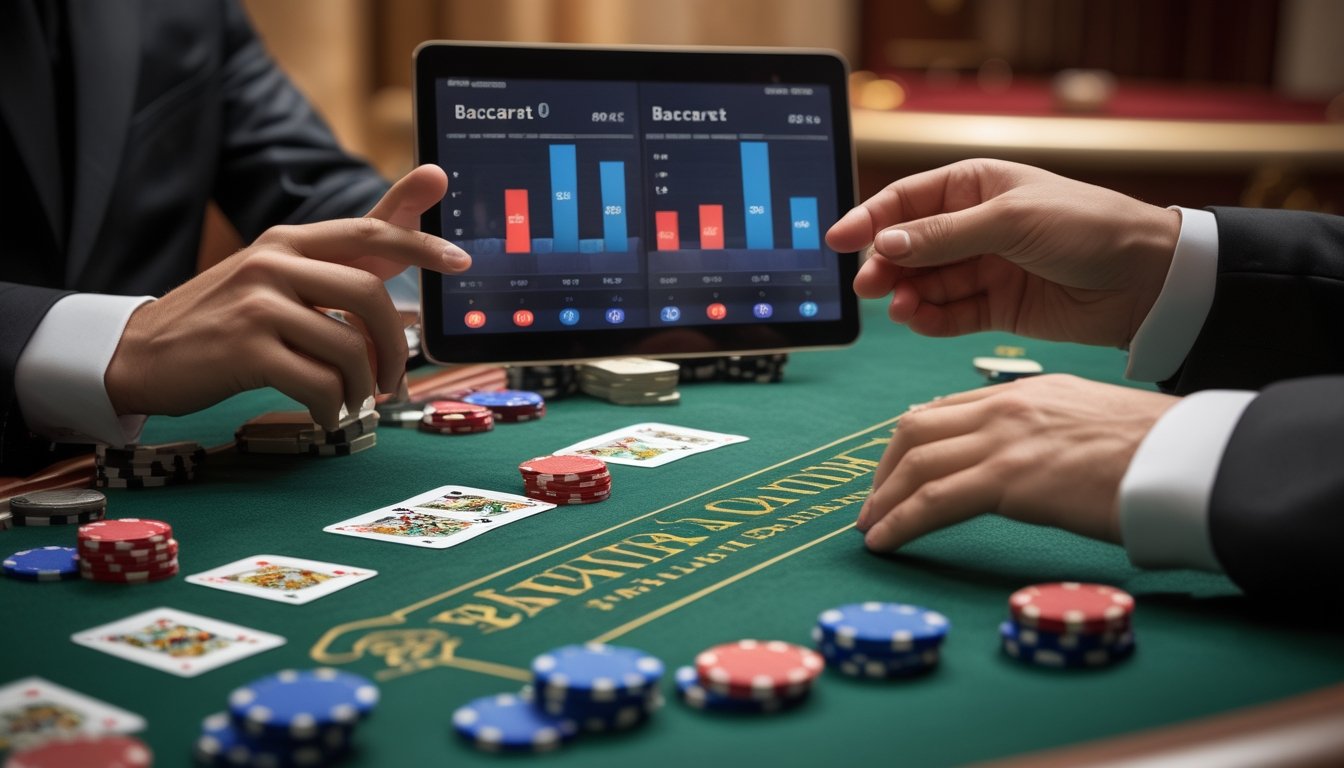 Meja kasino dengan kartu baccarat, chip taruhan, dan tangan yang menunjukkan grafik statistik pada tablet.