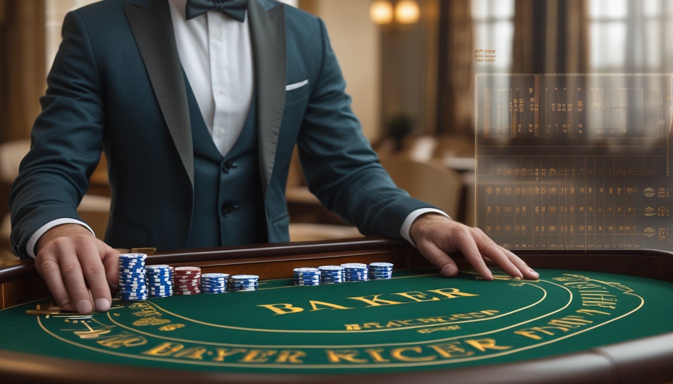 Meja permainan baccarat klasik dengan kartu dan chip tertata rapi, seorang dealer sedang mengelola permainan di latar kasino yang elegan.