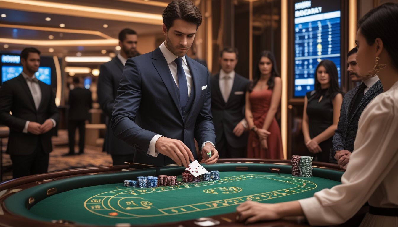 Seorang dealer dan pemain berpakaian formal sedang bermain Baccarat di meja kasino dengan suasana modern dan pencahayaan hangat.