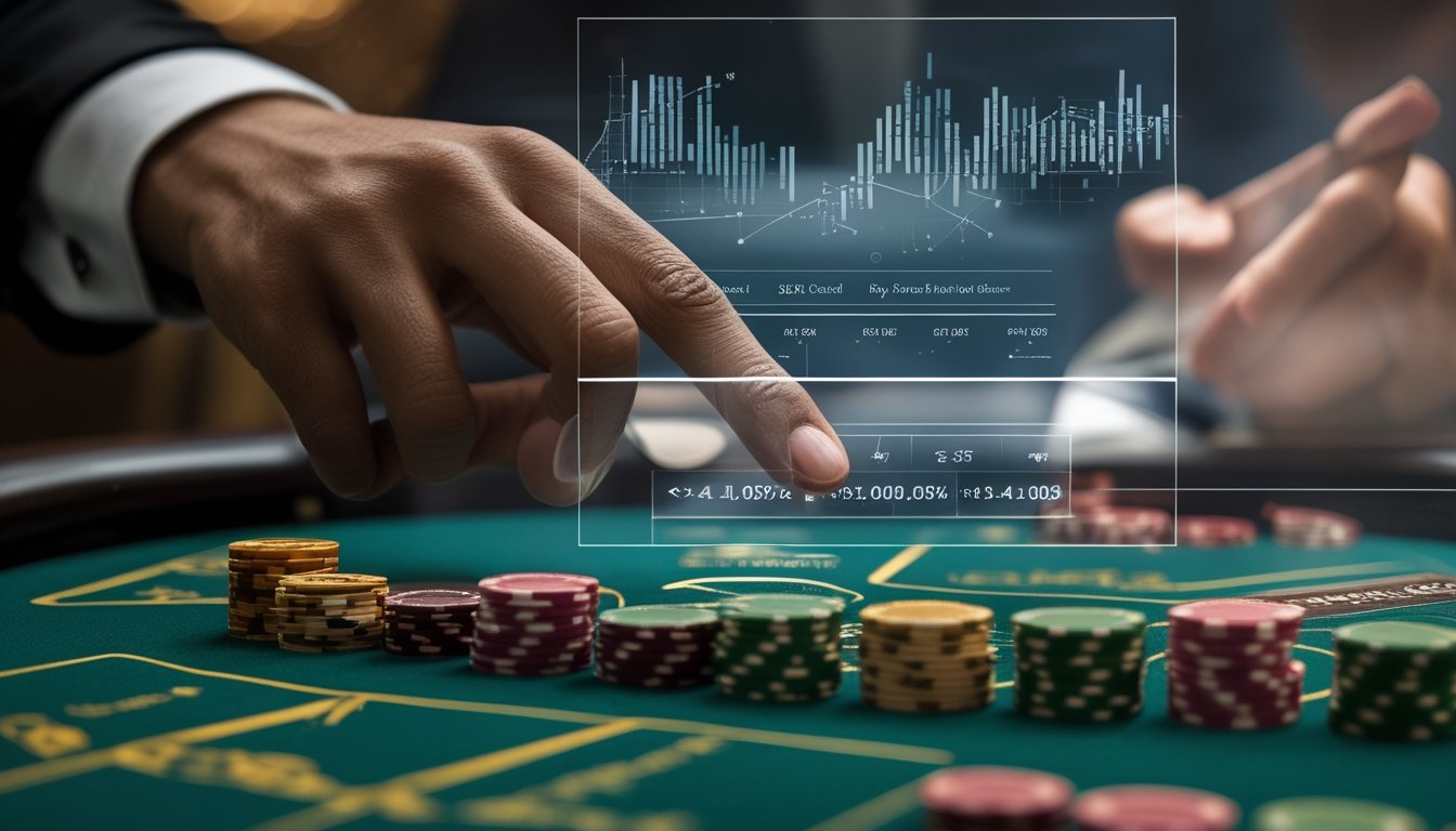 Meja permainan baccarat dengan kartu dan chip, tangan sedang menunjuk data statistik di overlay digital.