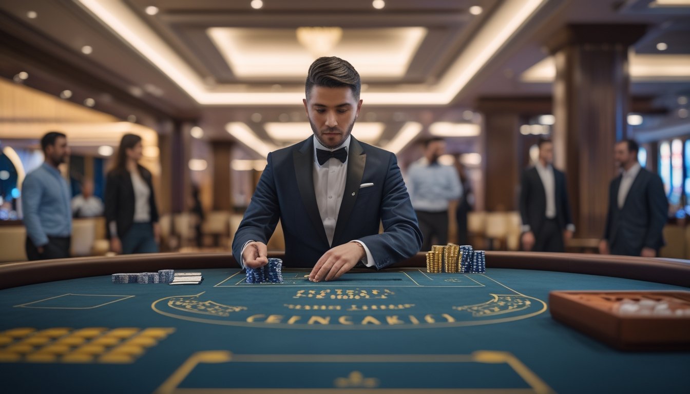 Seorang dealer di meja baccarat dengan kartu dan chip, dikelilingi oleh pemain di kasino yang mewah.