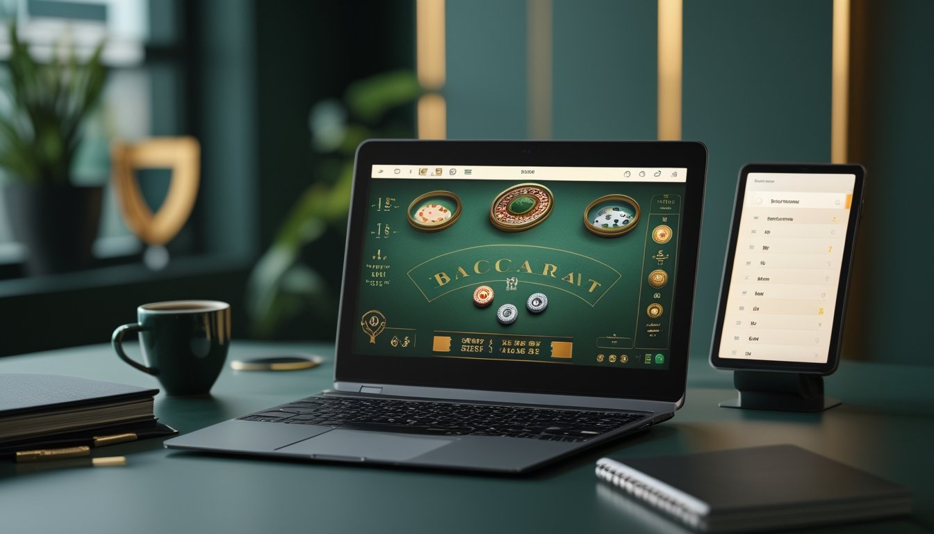 Sebuah meja kerja dengan komputer yang menampilkan permainan baccarat klasik, dikelilingi oleh elemen yang melambangkan kepercayaan dan profesionalisme.