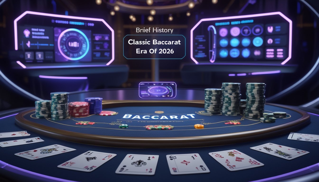 Meja permainan Baccarat dengan kartu dan chip klasik, dipadukan dengan elemen digital futuristik seperti tampilan holografik dan antarmuka digital di latar belakang.
