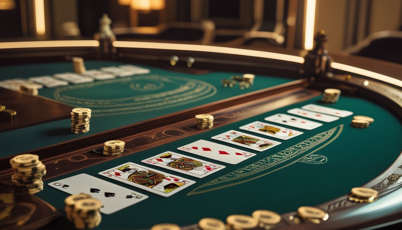 Meja permainan Baccarat klasik dengan kartu dan chip, dipadukan dengan elemen digital futuristik di latar belakang.