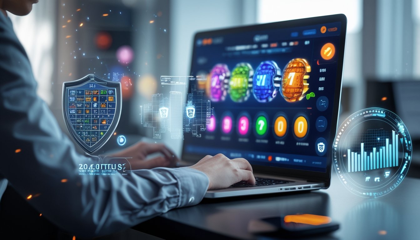 Seseorang menggunakan laptop dengan tampilan permainan slot online berwarna-warni di layar, di meja kerja modern dengan grafik dan simbol keamanan di sekitar.
